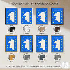 Matisse Art Prints -  Blue Abstract Profile with Yellow Dots Poster framed in various colors including black, white, brown, and grey.