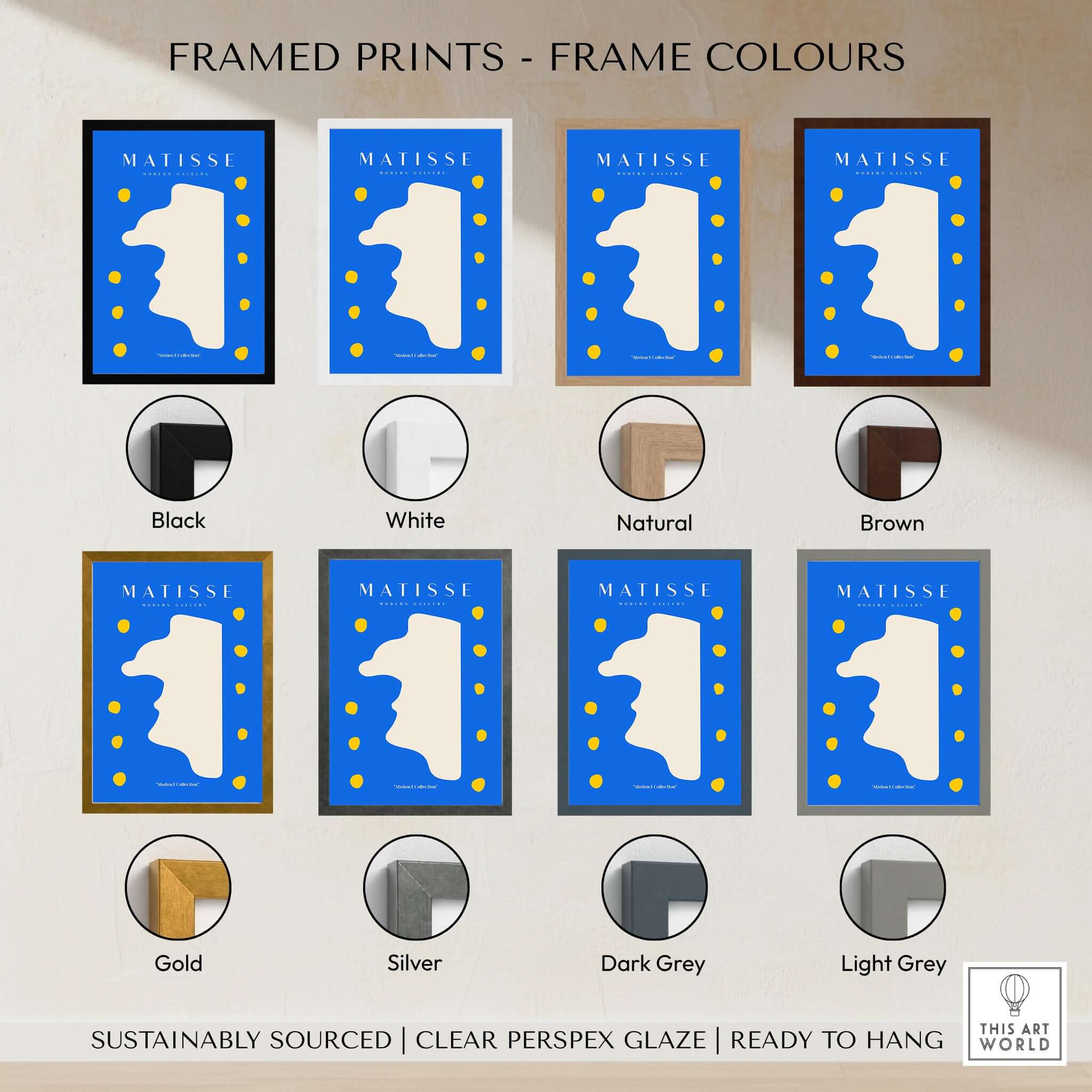 Matisse Art Prints -  Blue Abstract Profile with Yellow Dots Poster framed in various colors including black, white, brown, and grey.
