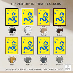 Matisse Art Prints - Blue Nude Abstract Figure Yellow Poster with various frame colors including Black, White, and Gold.
