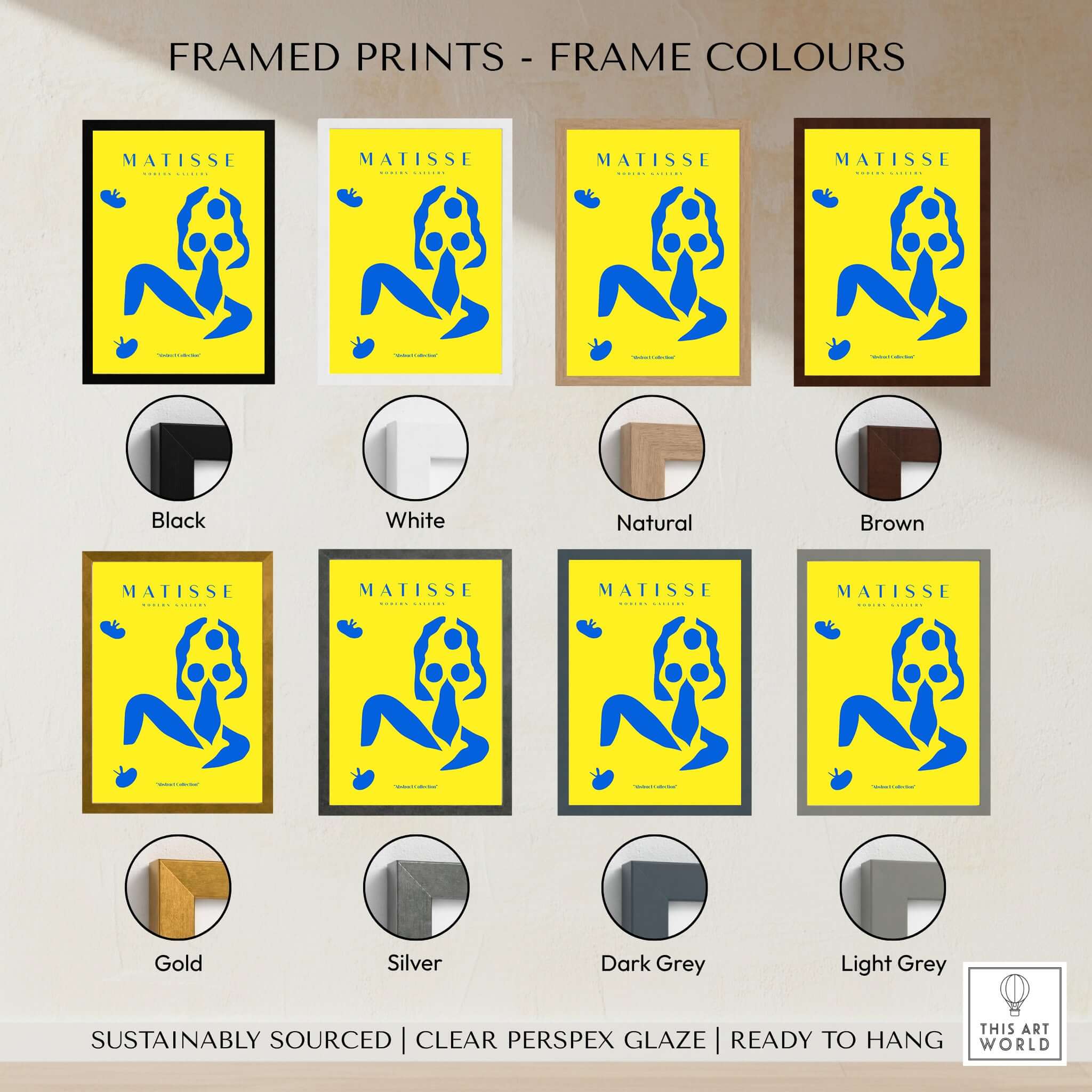Matisse Art Prints - Blue Nude Abstract Figure Yellow Poster with various frame colors including Black, White, and Gold.