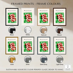 Framed Matisse Art Prints - Abstract Shape Red Green Poster in various frame colors: Black, White, Natural, Brown, Gold, Silver, Dark Grey, Light Grey.