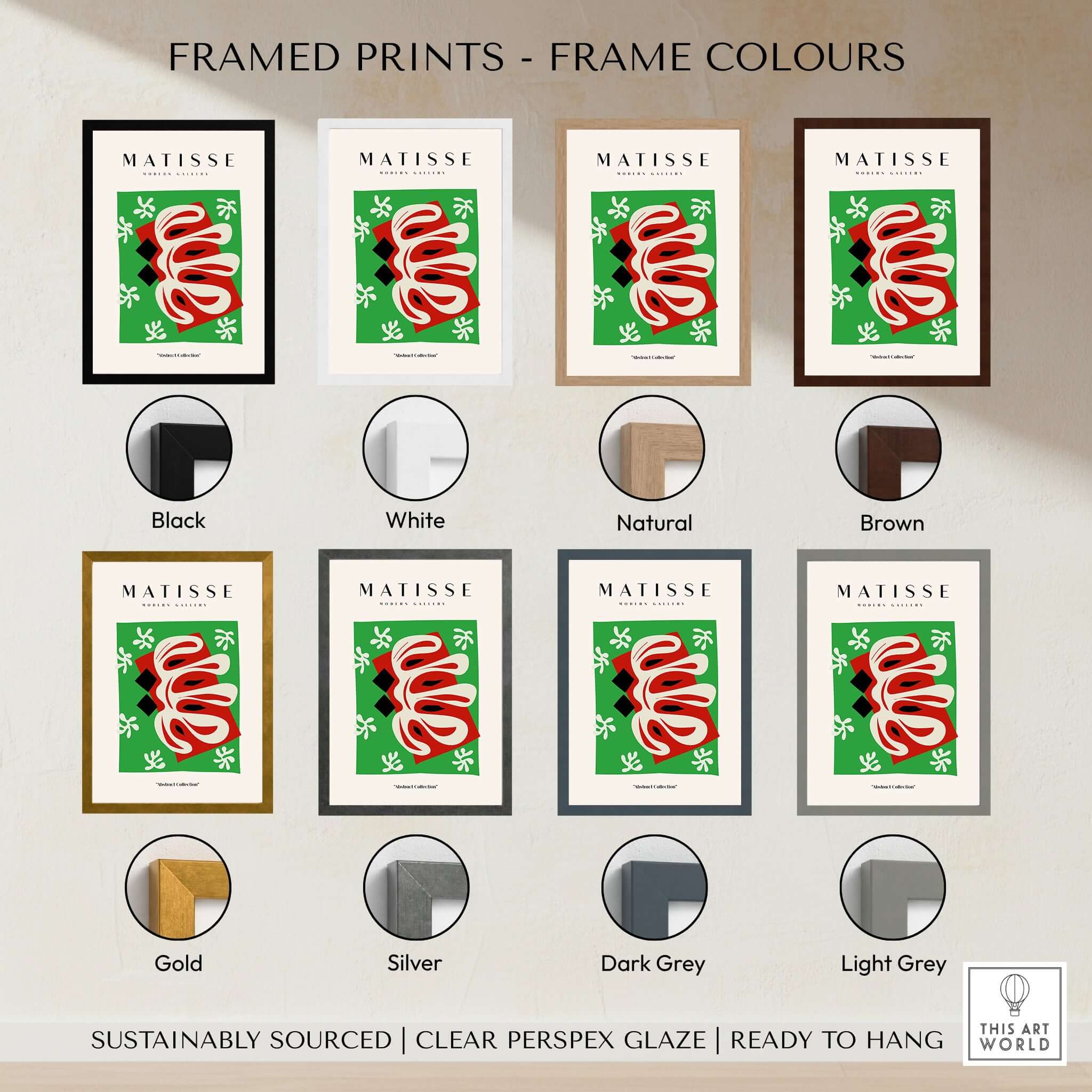 Framed Matisse Art Prints - Abstract Shape Red Green Poster in various frame colors: Black, White, Natural, Brown, Gold, Silver, Dark Grey, Light Grey.