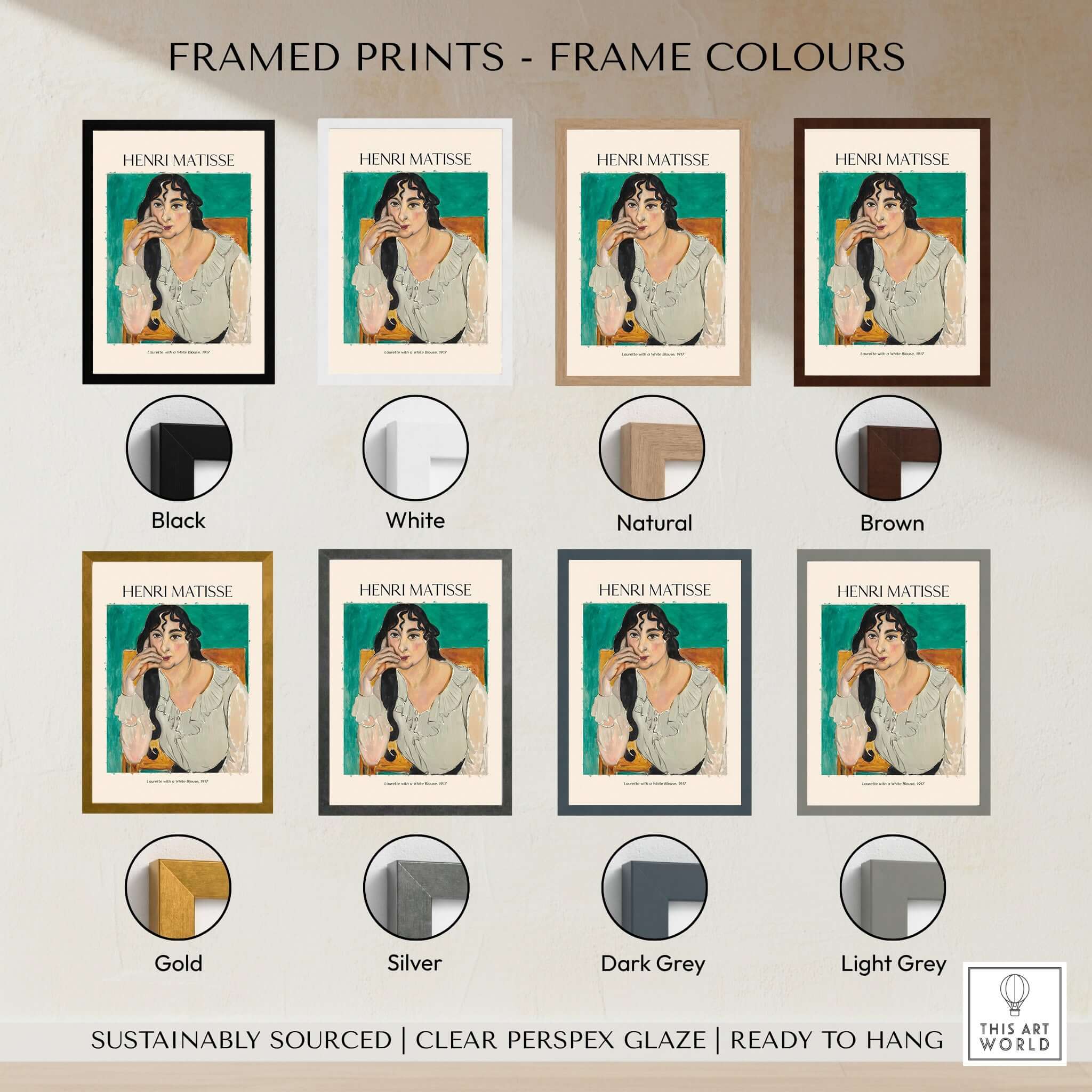 Matisse Poster - Laurette with a White Blouse 1917 Art Print framed in various colors including black, white, brown, and gold.