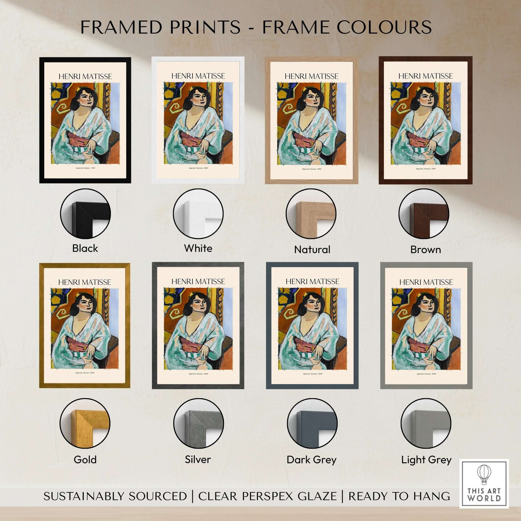 Matisse Poster - Algerian Woman 1909 Fauvist Wall Art Print framed options in various colors including black, white, and brown.