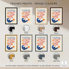 Framed prints color options for Matisse Papiers Découpés Pink Blue Abstract Art Print including black, white, natural, brown, gold, silver, dark grey, light grey.