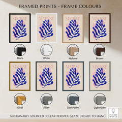 Matisse Blue Leaf Abstract Papiers Découpés Wall Art Print framed in various colors including black, white, natural, and brown.