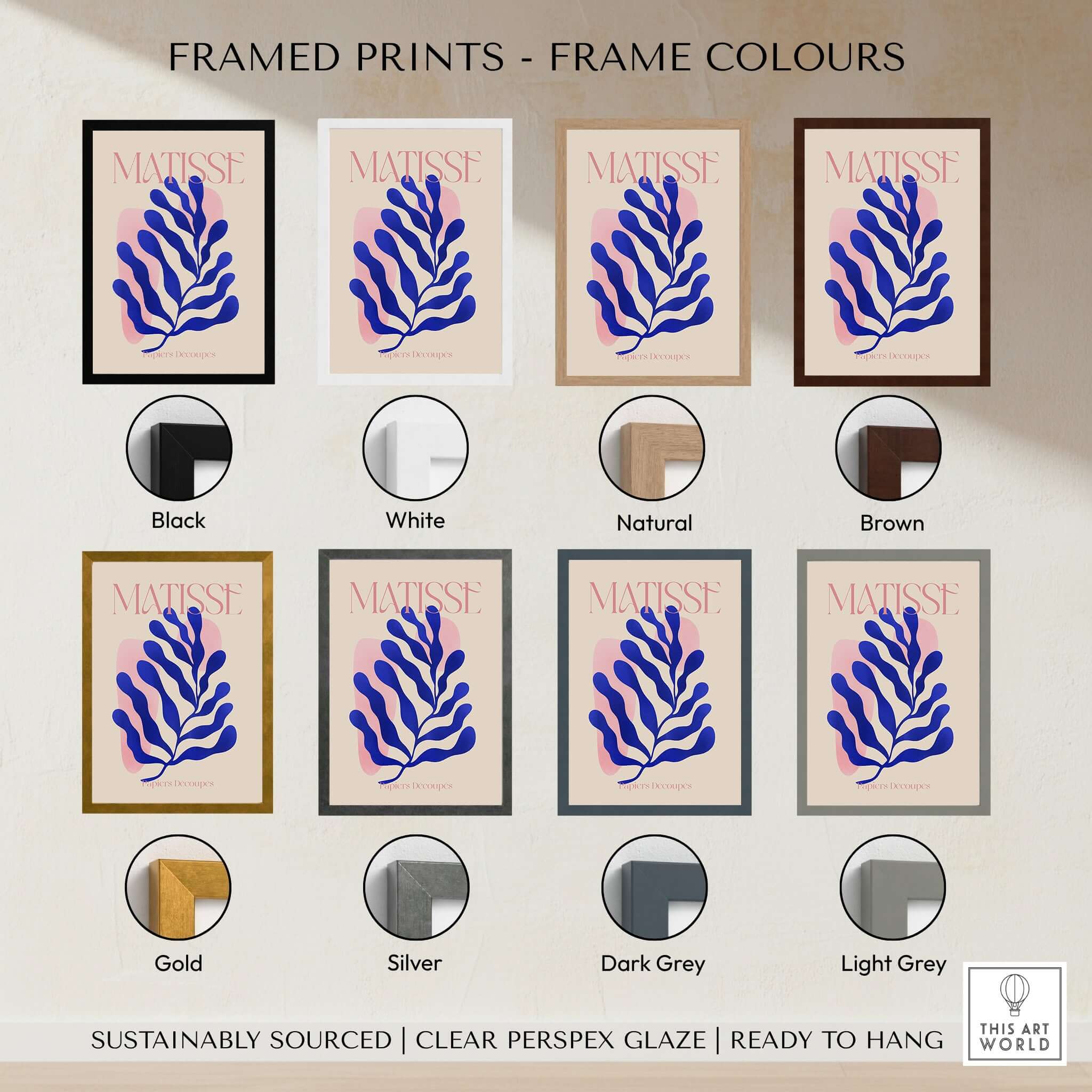 Matisse Blue Leaf Abstract Papiers Découpés Wall Art Print framed in various colors including black, white, natural, and brown.