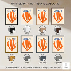 Matisse Papiers Découpés Orange Abstract Botanical Cut Out Art Print displayed in various frame colors.