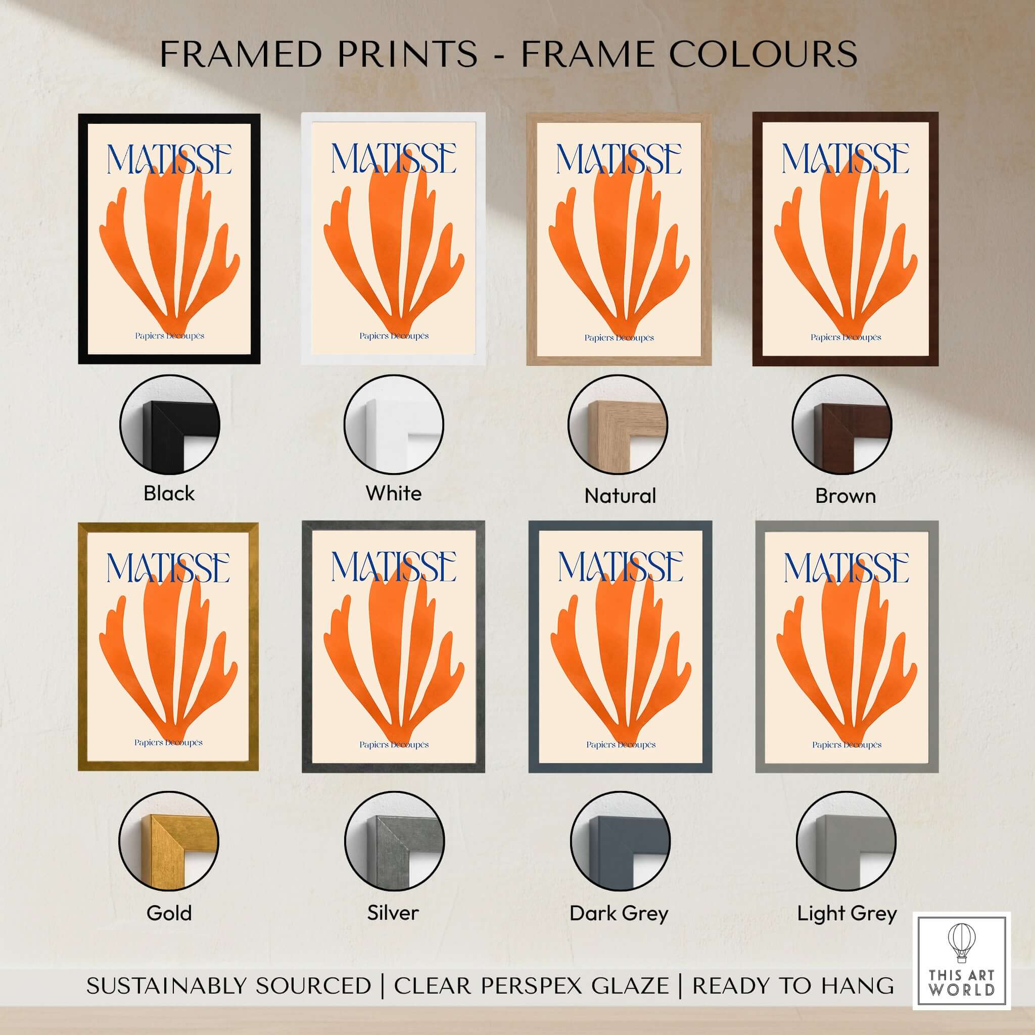 Matisse Papiers Découpés Orange Abstract Botanical Cut Out Art Print displayed in various frame colors.