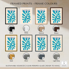 Matisse Cyan Blue Abstract Shape Papiers Découpés Poster framed in various colors including black, white, and natural.