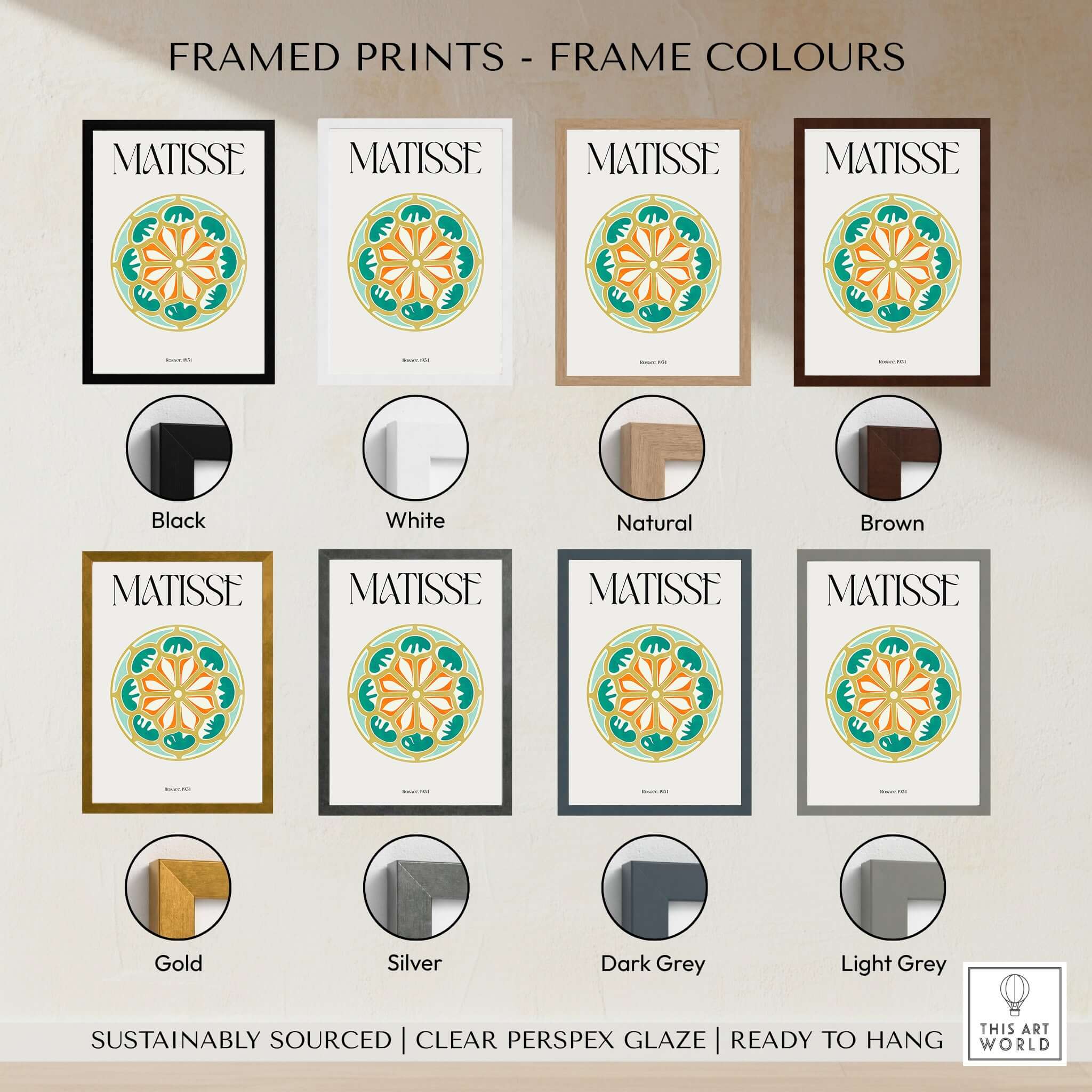 Matisse Art Print Rosace 1954 Rose Window Geometric Art Print with various frame colors available.