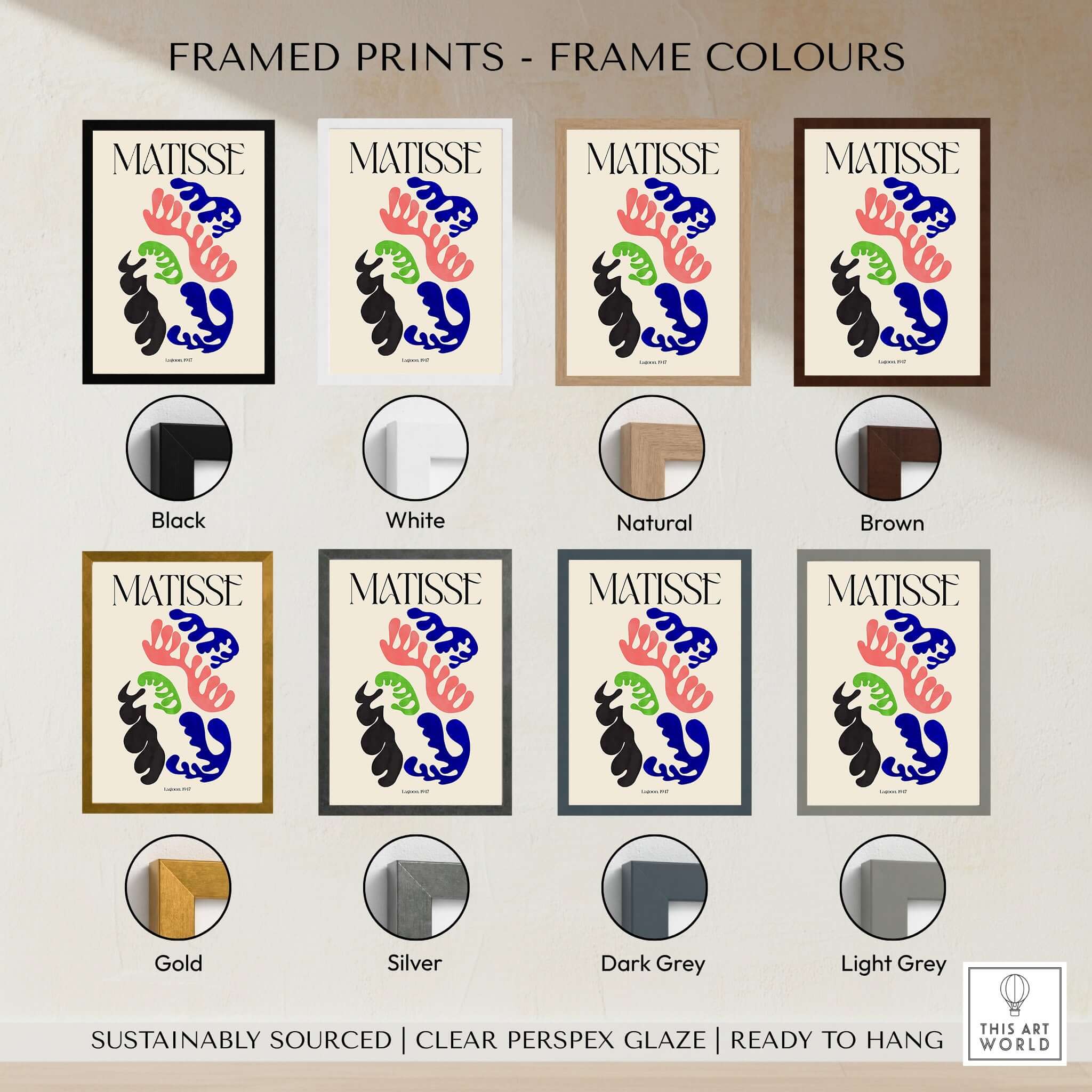 Matisse Art Print Lagoon 1947 Abstract Organic Shapes Wall Art Print framed in various color options including black, white, and gold.