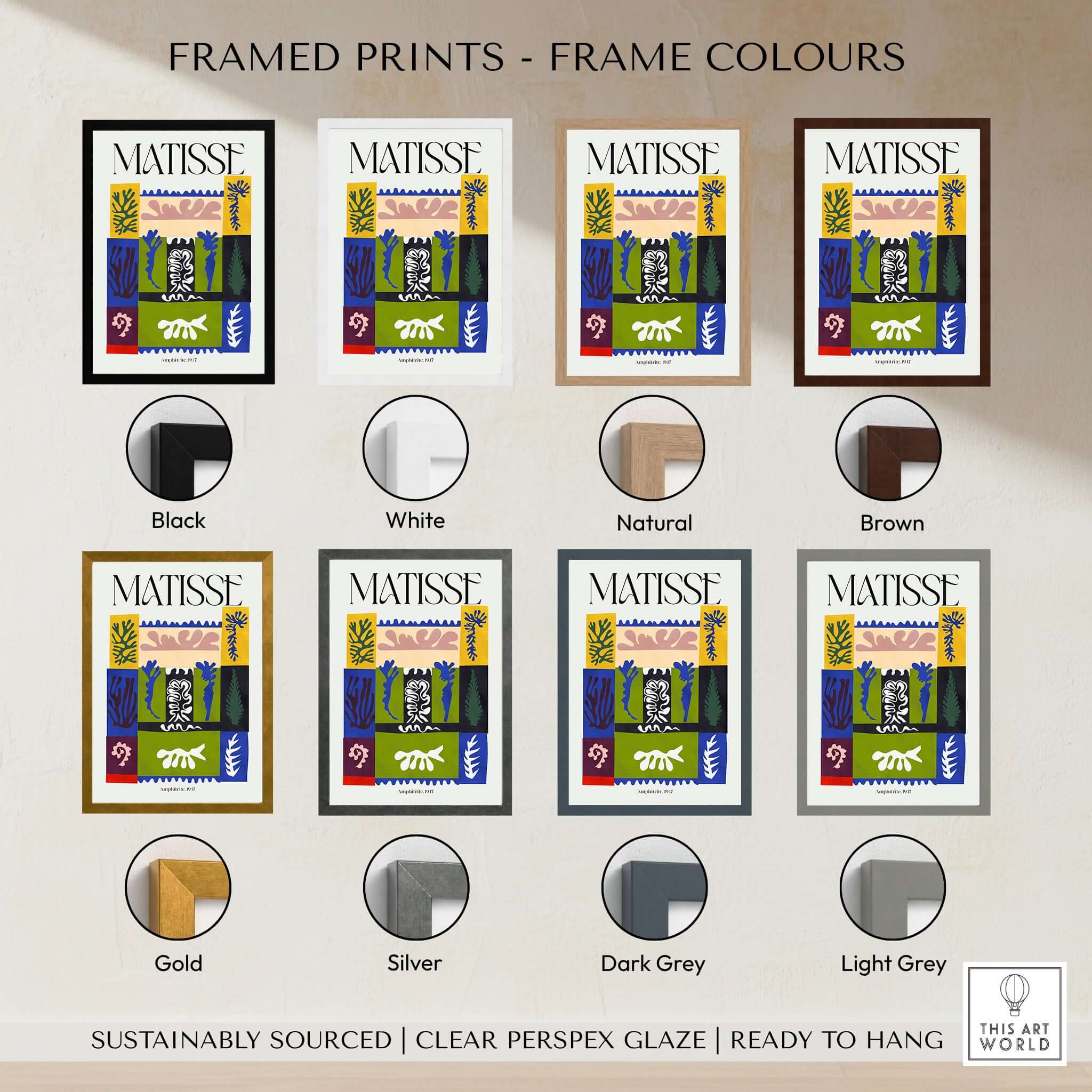 Matisse Amphitrite 1947 Abstract Patchwork Poster Print framed in various colors including black, white, natural, brown, and more.