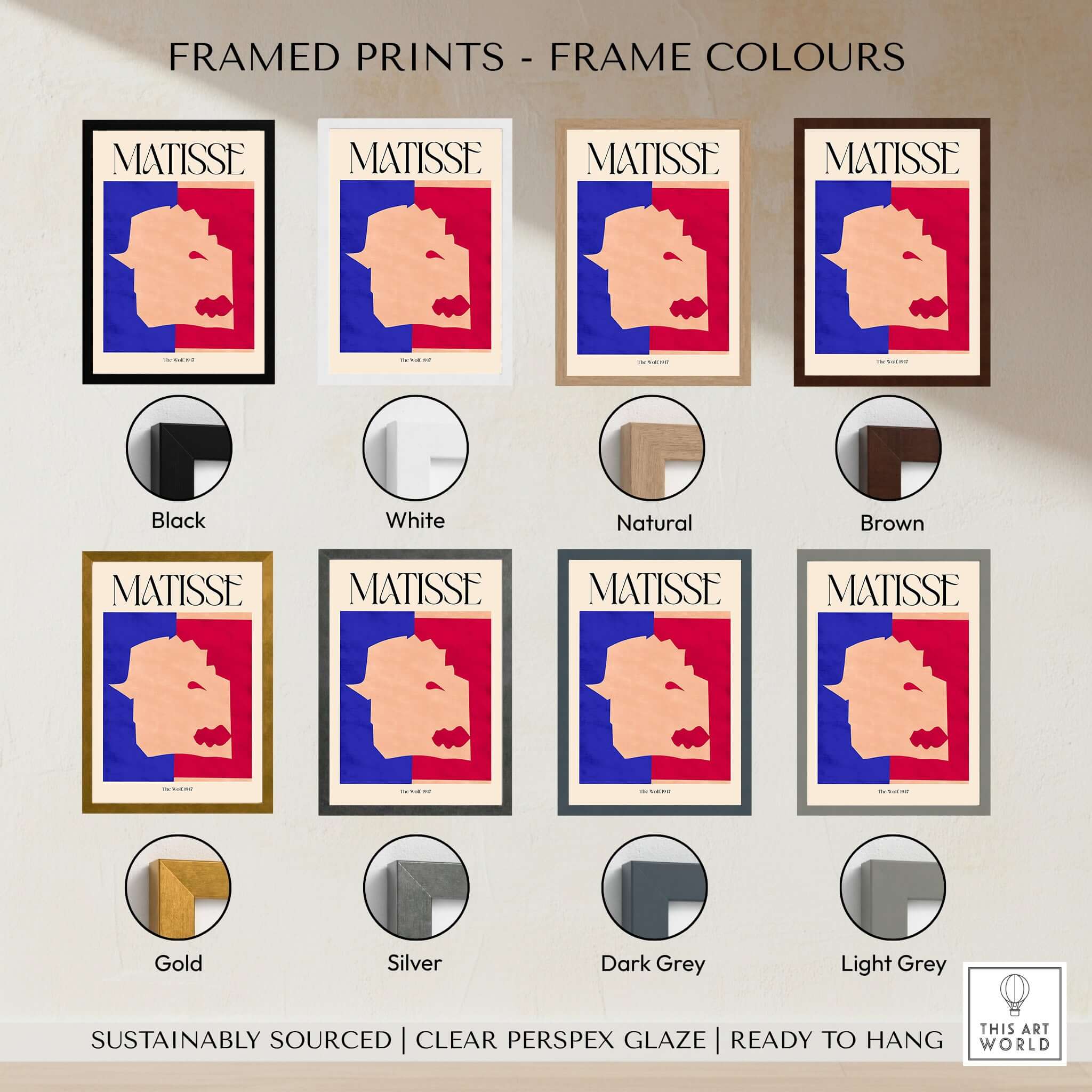 Framed prints of Matisse The Wolf 1947 Papiers Découpés Poster Print in various frame colors including black, white, and natural.