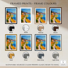 Framed prints showcasing various frame colors including Black, White, Natural, Brown, Gold, Silver, Dark Grey, and Light Grey.