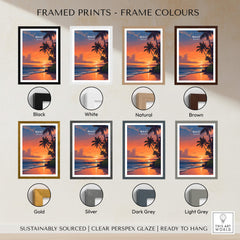Maui Hawaii Wall Art Print | Tropical Beach Sunset Travel Poster showcased in various frame colors including black, white, natural, brown, gold, silver, dark grey, and light grey.