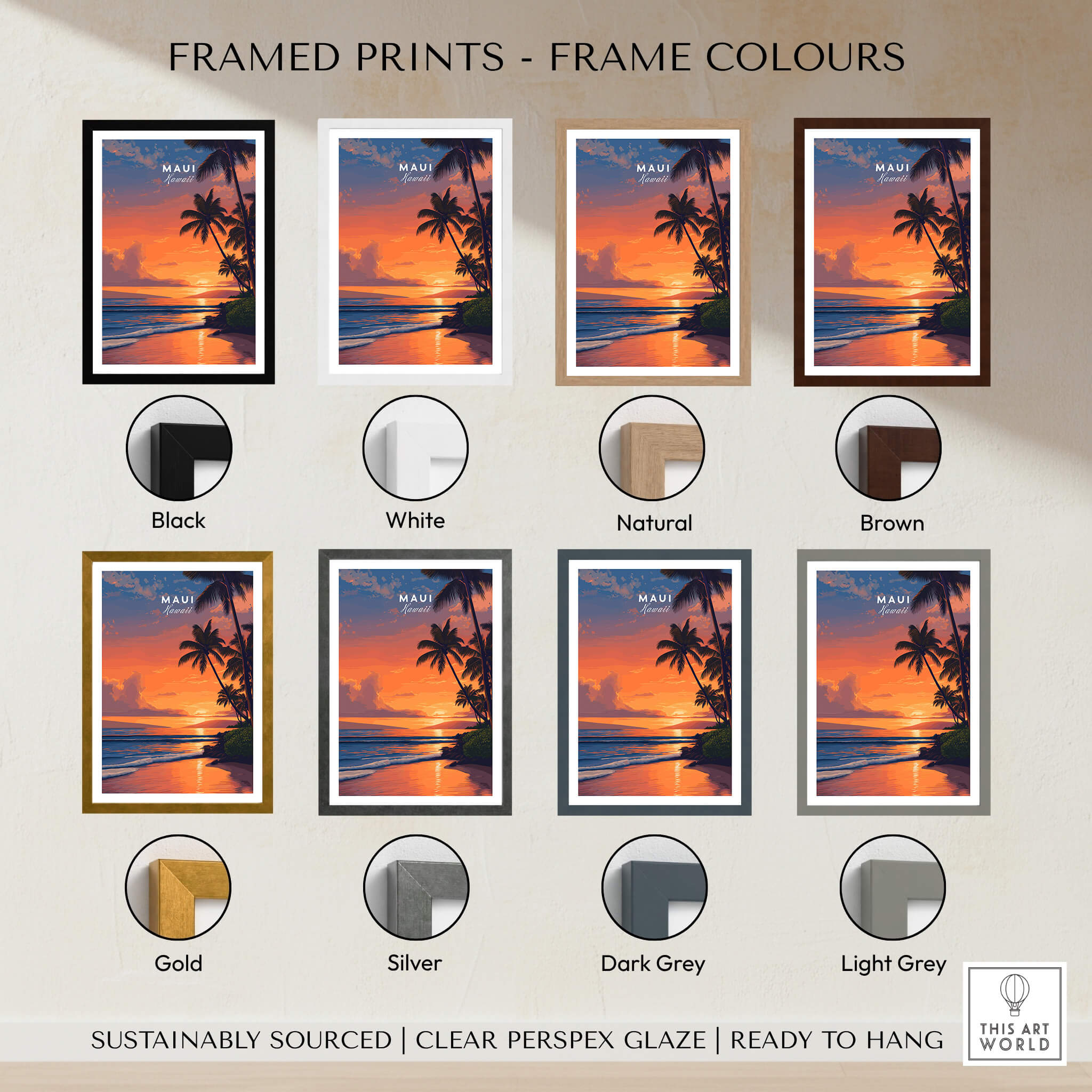 Maui Hawaii Wall Art Print | Tropical Beach Sunset Travel Poster showcased in various frame colors including black, white, natural, brown, gold, silver, dark grey, and light grey.