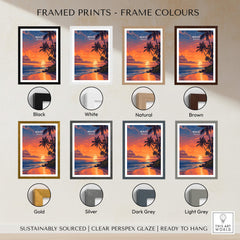 Maui Hawaii Travel Poster | Golden Hour Ocean Sunset Wall Art Print displayed in various frame colors including black, white, natural, and gold.