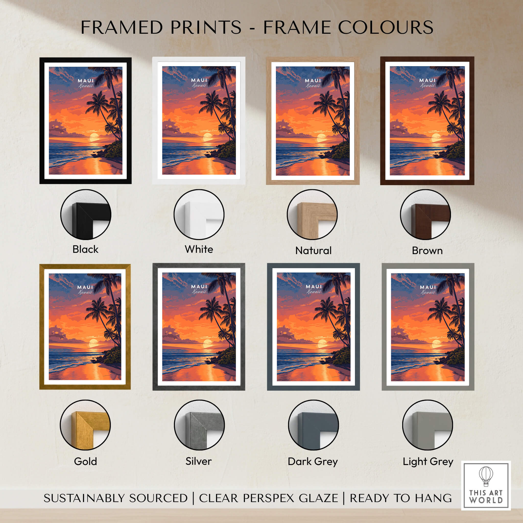 Maui Hawaii Travel Poster | Golden Hour Ocean Sunset Wall Art Print displayed in various frame colors including black, white, natural, and gold.