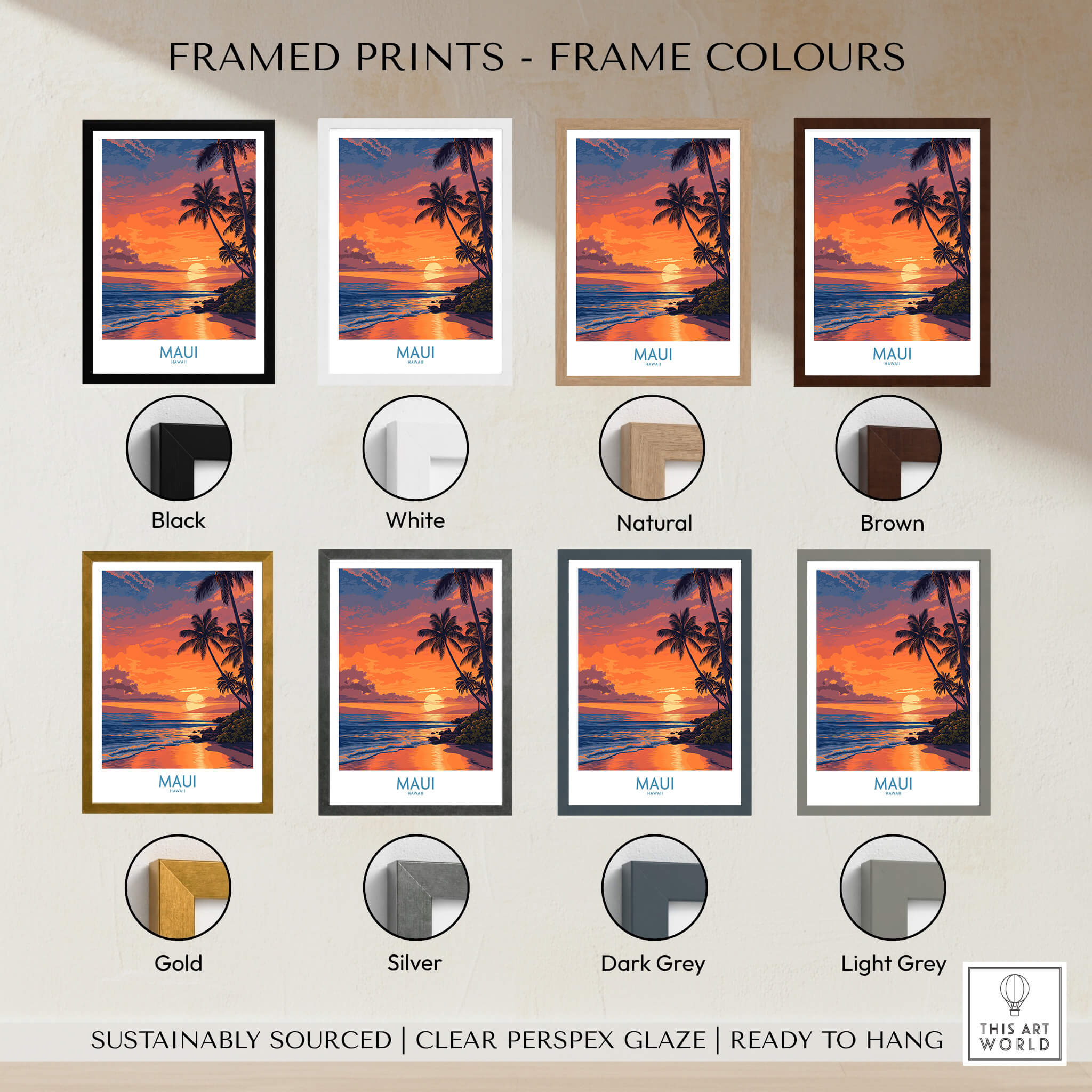 Maui Hawaii Canvas Print | Serene Tropical Beach Landscape Poster framed print options including various colors.