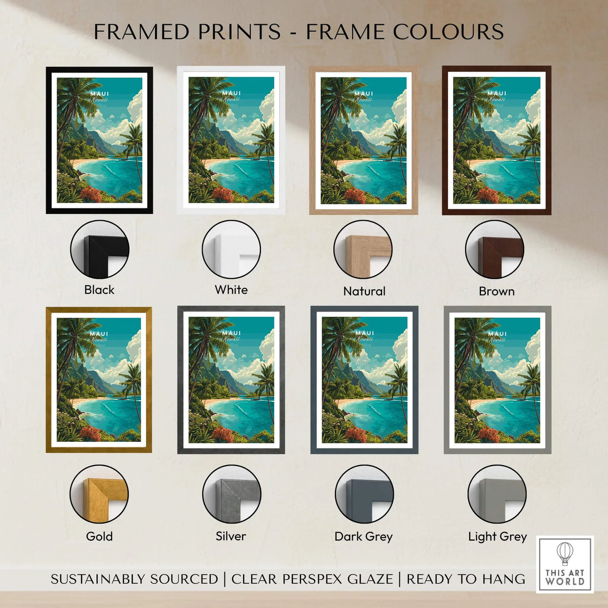 Maui Hawaii Wall Art Print | Lush Tropical Mountain Coast Travel Poster framed in various colors including black, white, and gold.