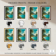 Maui Hawaii Wall Art Print | Lush Tropical Mountain Coast Travel Poster framed in various colors including black, white, and gold.