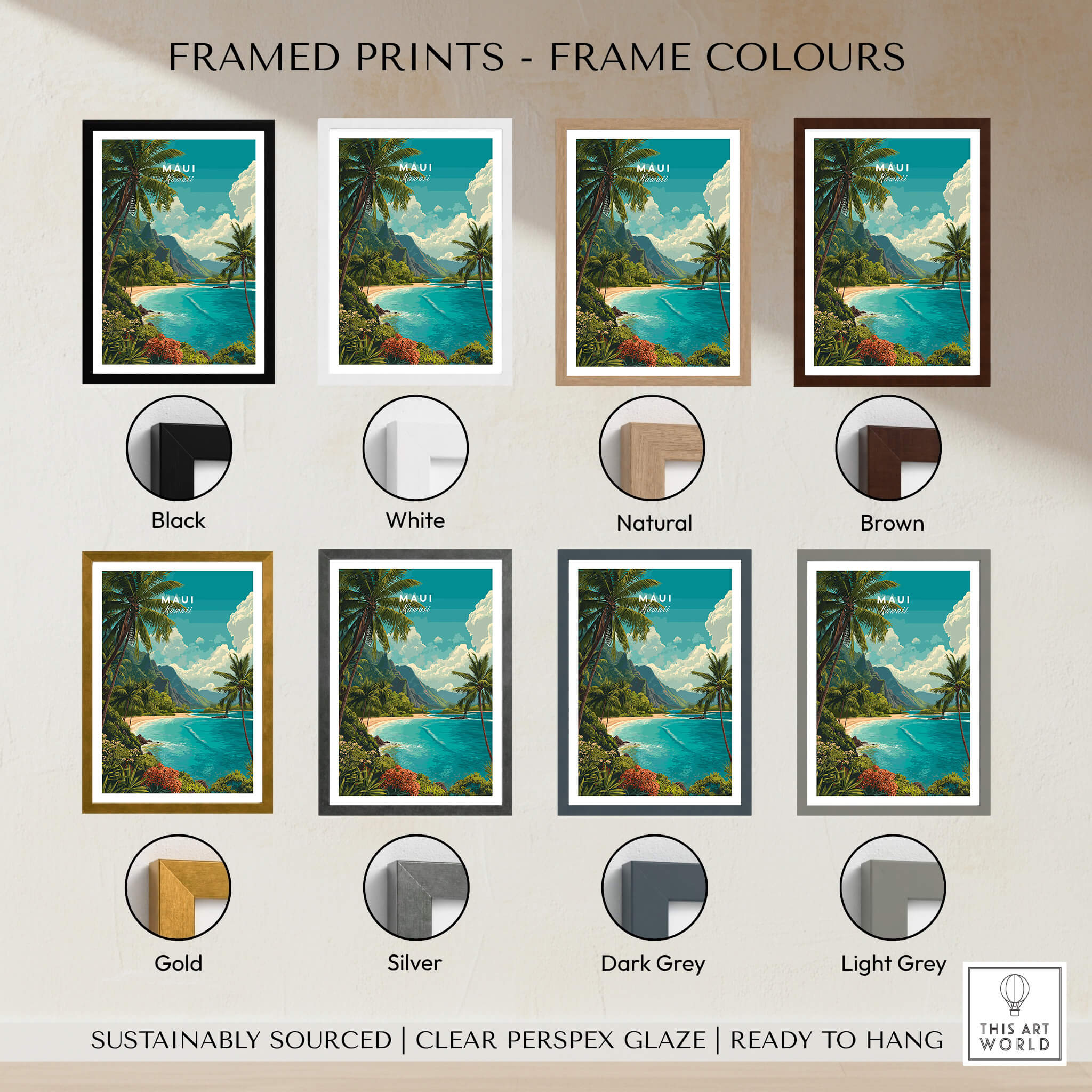 Maui Hawaii Wall Art Print | Lush Tropical Mountain Coast Travel Poster framed in various colors including black, white, and gold.