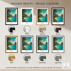 Maui Hawaii Poster | Exotic Island Paradise Shoreline Canvas Print framed in various color options including black, white, natural, and brown.