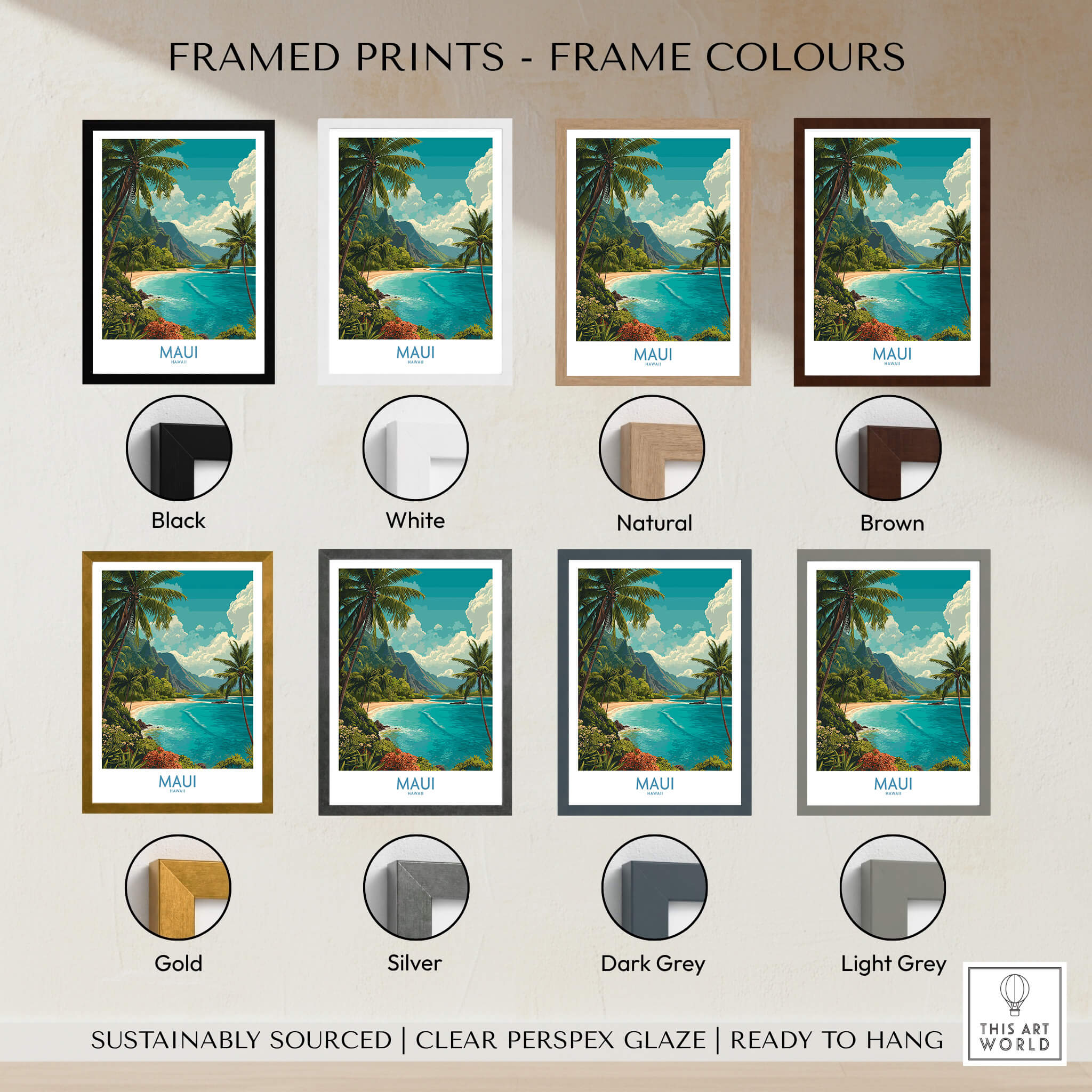 Maui Hawaii Poster | Exotic Island Paradise Shoreline Canvas Print framed in various color options including black, white, natural, and brown.