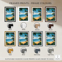 Maui Hawaii Travel Poster | Sunny Surfing Beach Wall Art Print displayed in various frame colors like Black, White, Gold, and Silver.