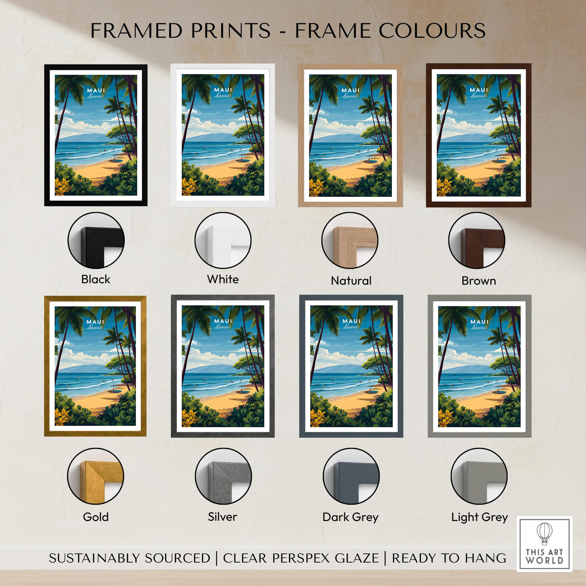 Maui Hawaii Travel Poster | Sunny Surfing Beach Wall Art Print displayed in various frame colors like Black, White, Gold, and Silver.