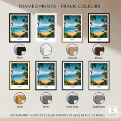 Framed prints of Maui Canvas Print | Hawaii Tropical Palm Trees & Waves Poster in various frame colors.