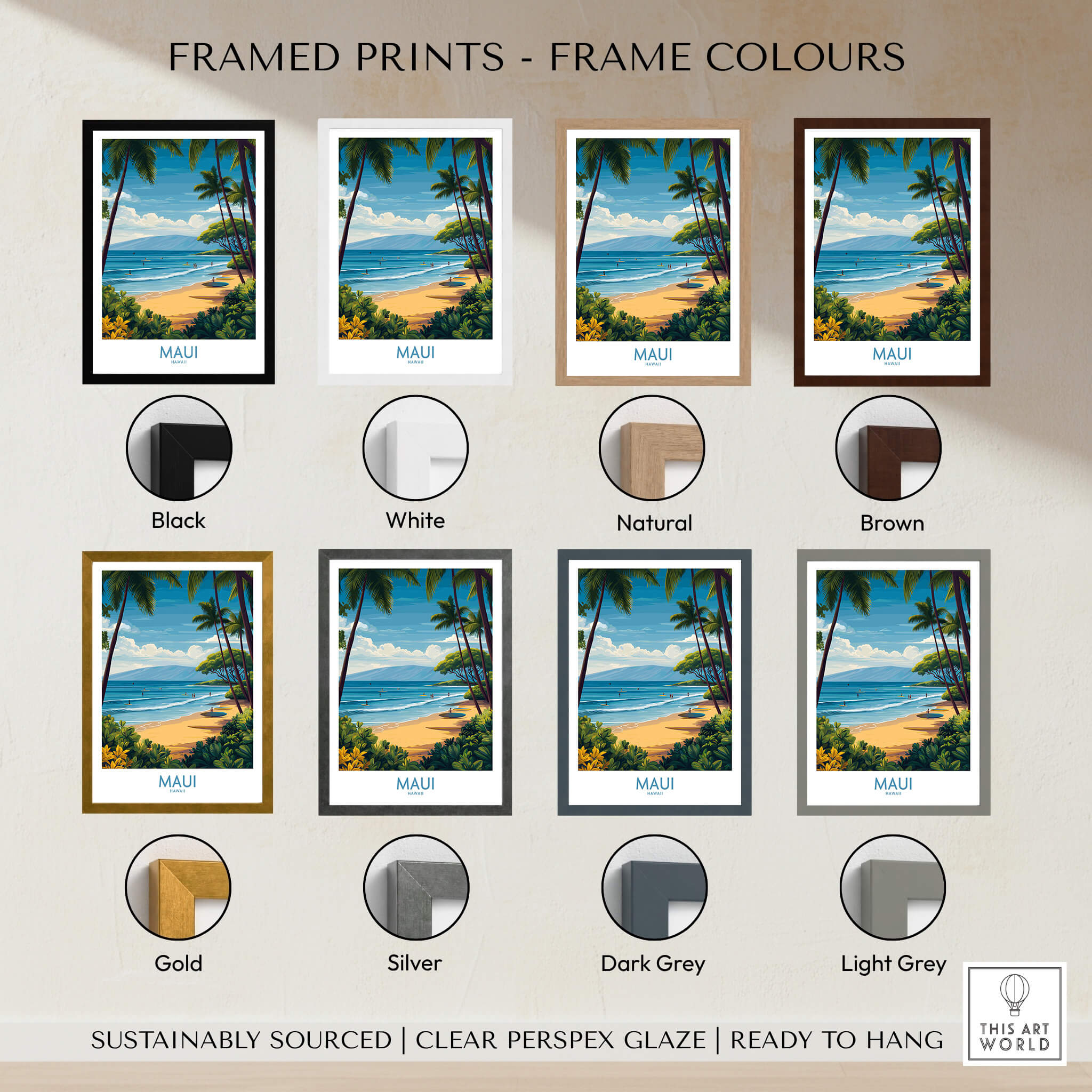 Framed prints of Maui Canvas Print | Hawaii Tropical Palm Trees & Waves Poster in various frame colors.
