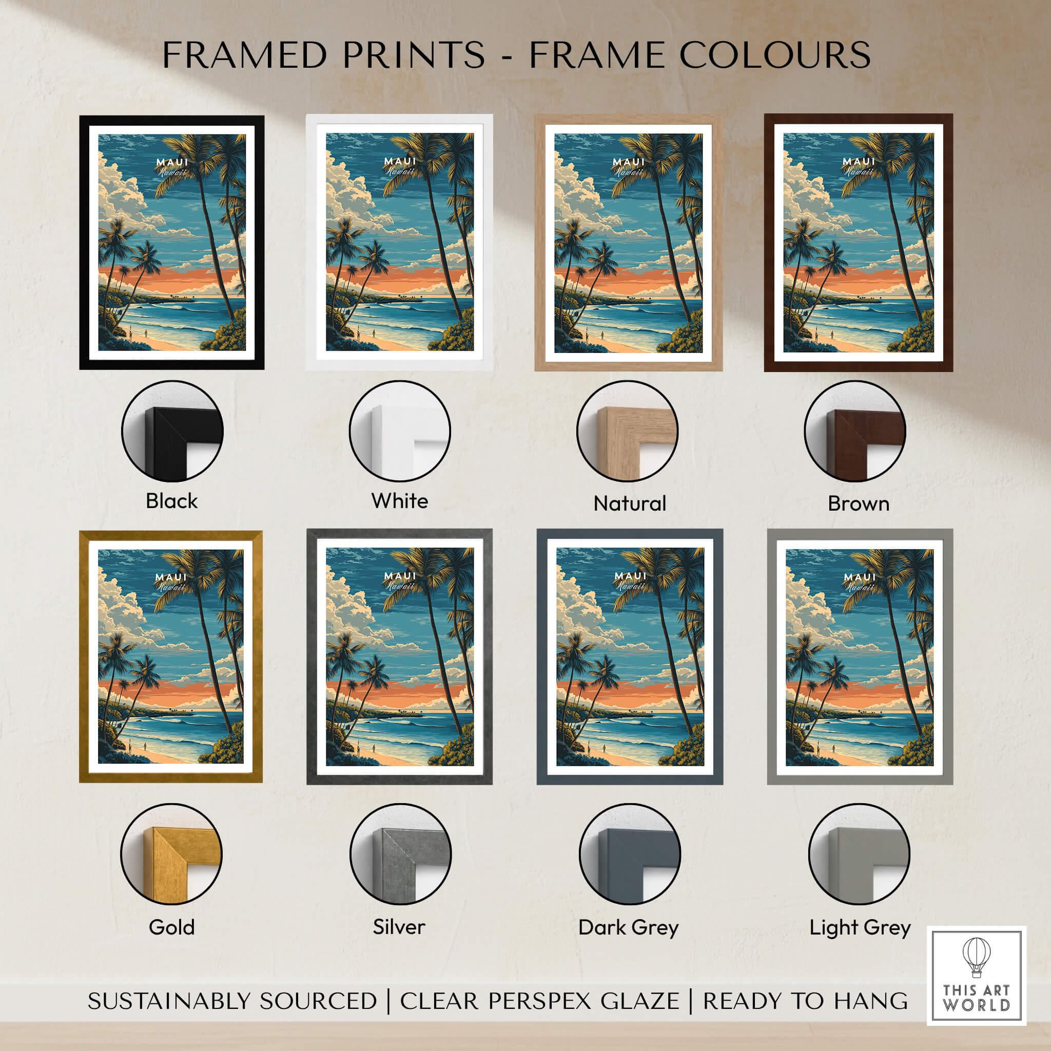 Maui Wall Art Print | Hawaii Evening Coastal Landscape Travel Poster in various frame colors: Black, White, Natural, Brown, Gold, Silver, Dark Grey, Light Grey.
