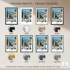 Mijas Spain Poster | Scenic Mountain Town Landscape Canvas Print framed in various color options including black, white, gold, and brown.
