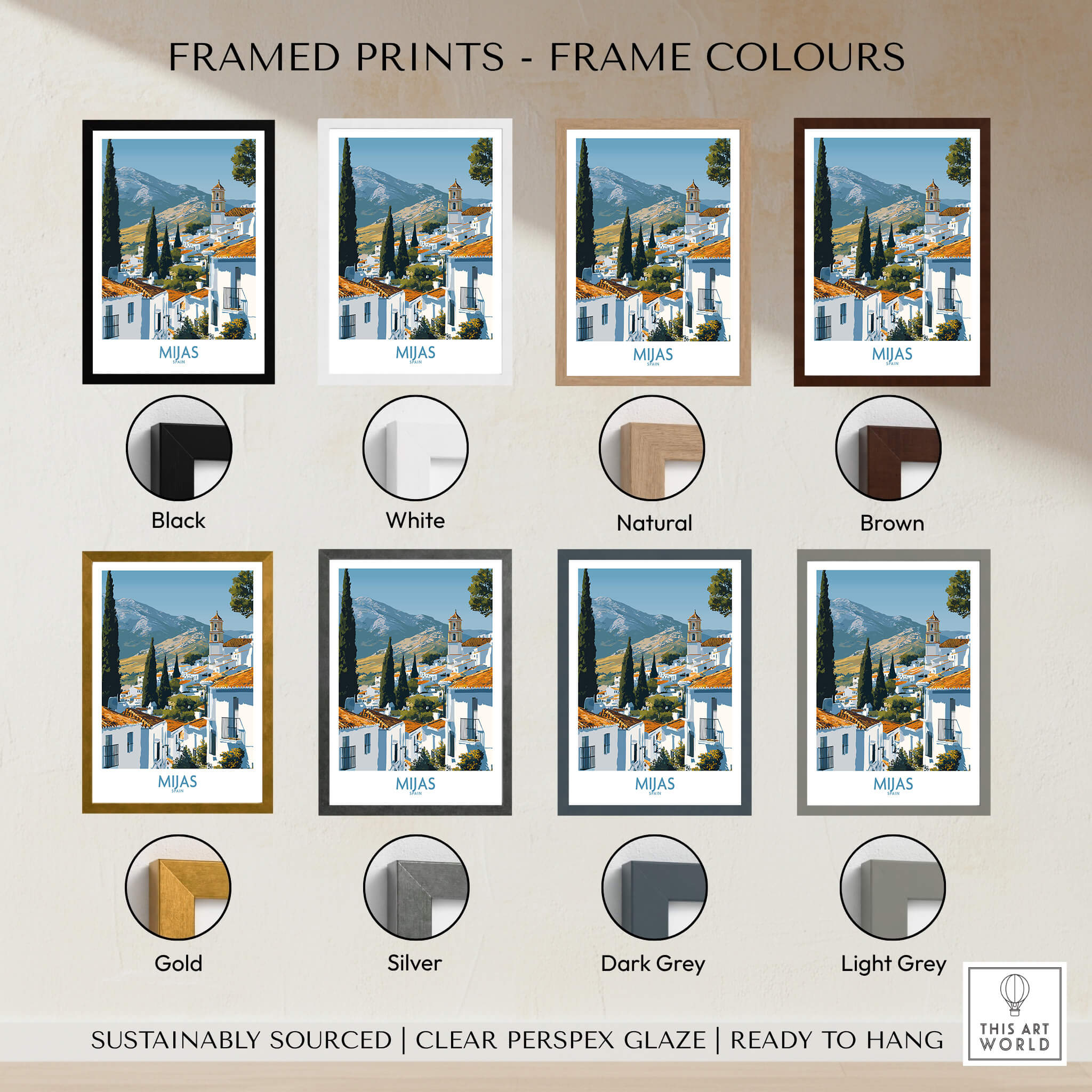 Mijas Spain Poster | Scenic Mountain Town Landscape Canvas Print framed in various color options including black, white, gold, and brown.