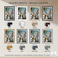 Mijas Spain Travel Poster | Traditional White Street Wall Art Print options with various frame colors.