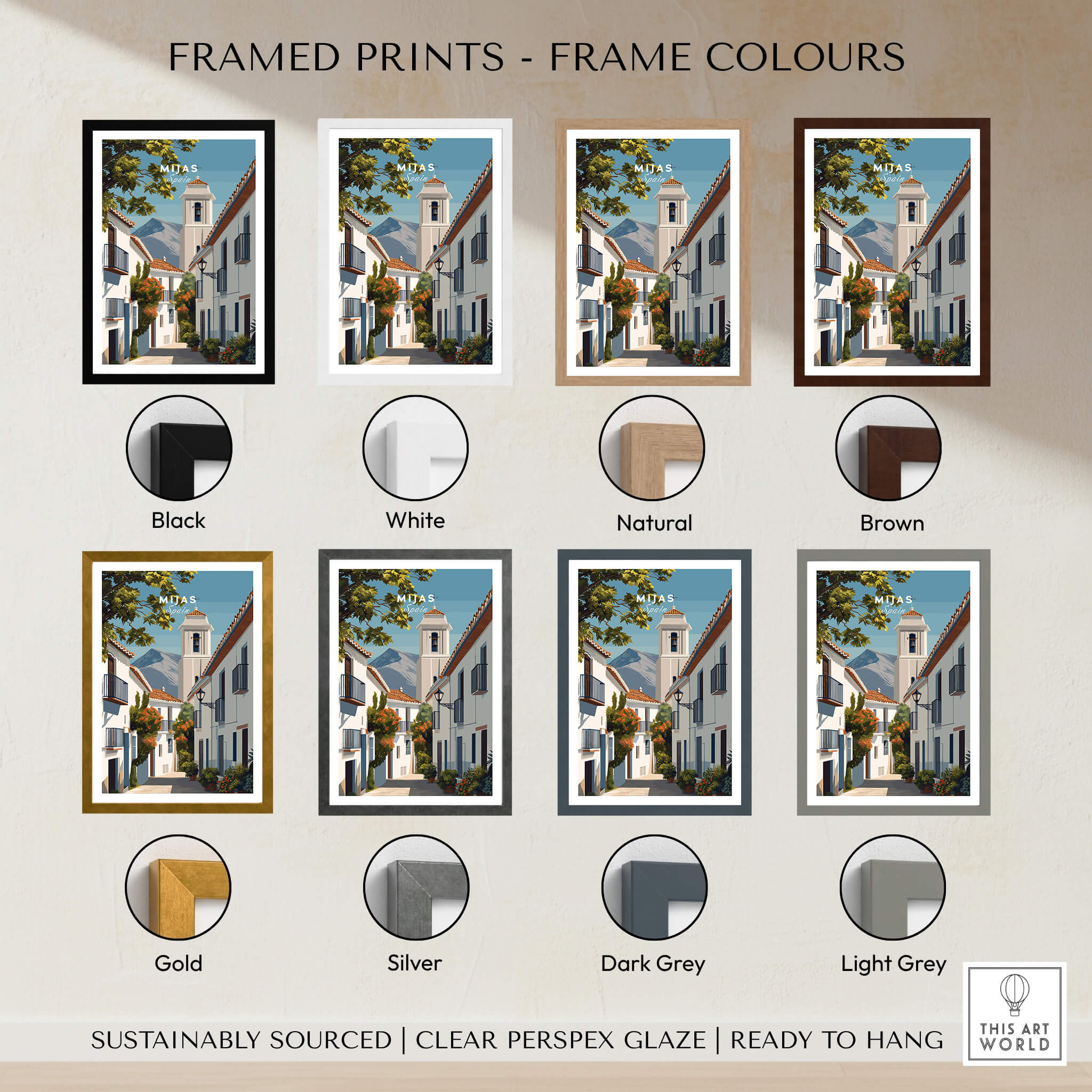 Mijas Spain Travel Poster | Traditional White Street Wall Art Print options with various frame colors.
