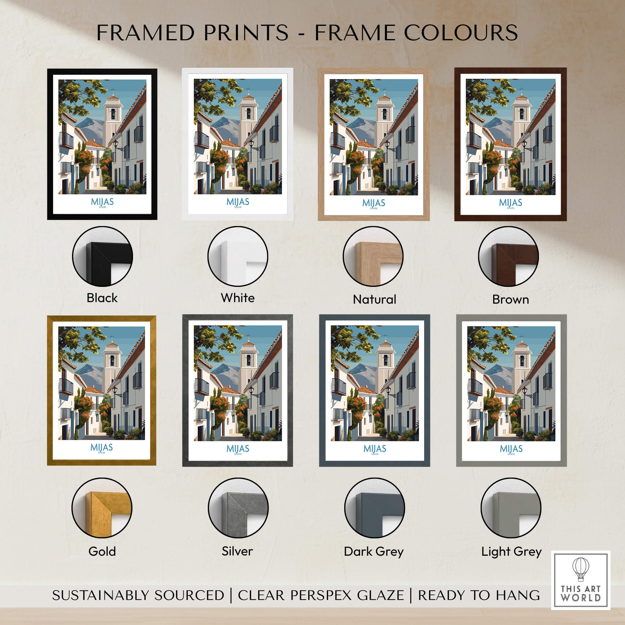 Mijas Spain Canvas Print | Historic Spanish Village Scene Poster framed print options including black, white, natural, and brown.