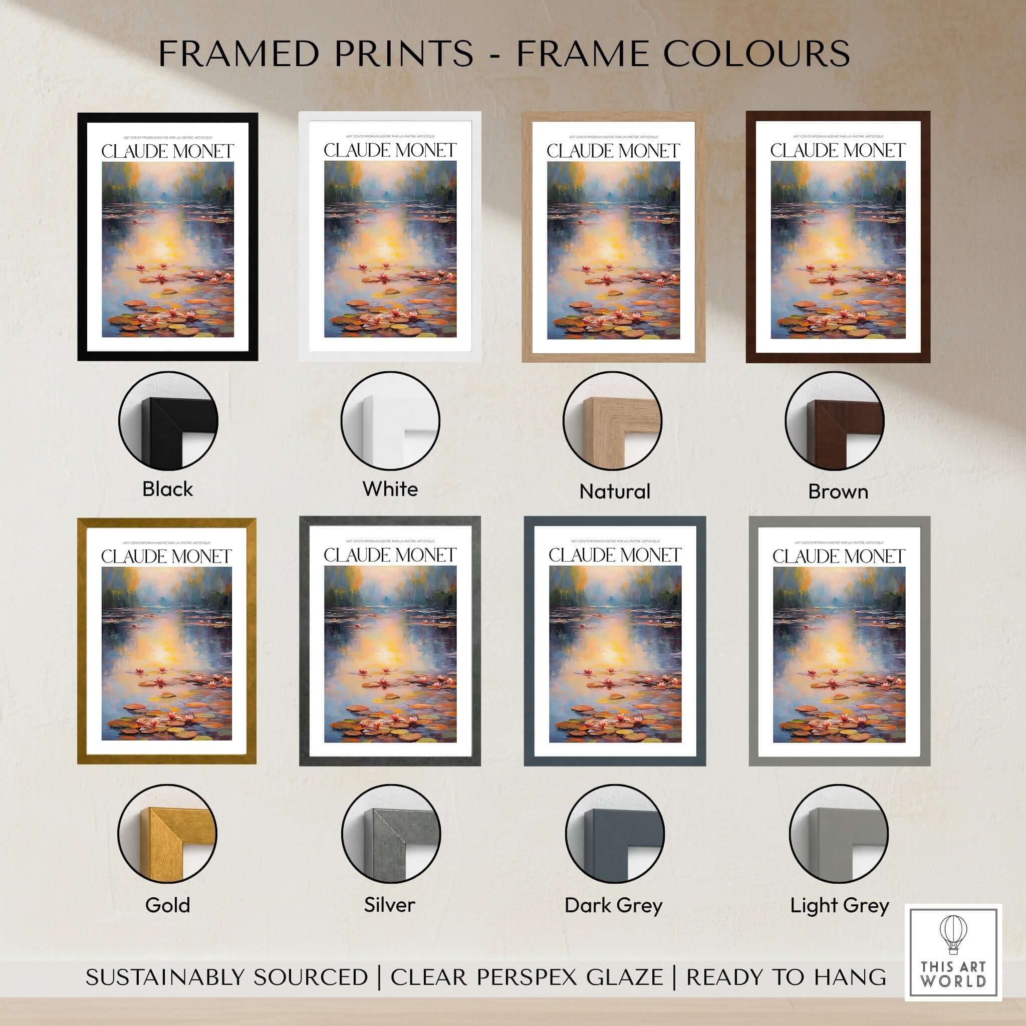 Claude Monet Wall Art Print - Vintage Home Decor Poster Impressionist Artwork framed in various colors