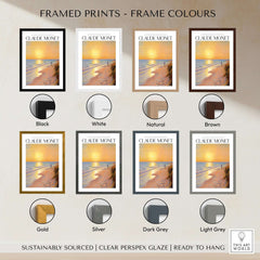 Framed prints in various colors showcasing Claude Monet's beach artwork with the title 'Monet Beach Artwork - Impressionist Room Decor - Coastal Sunset Stroll Beach Wall Art'.
