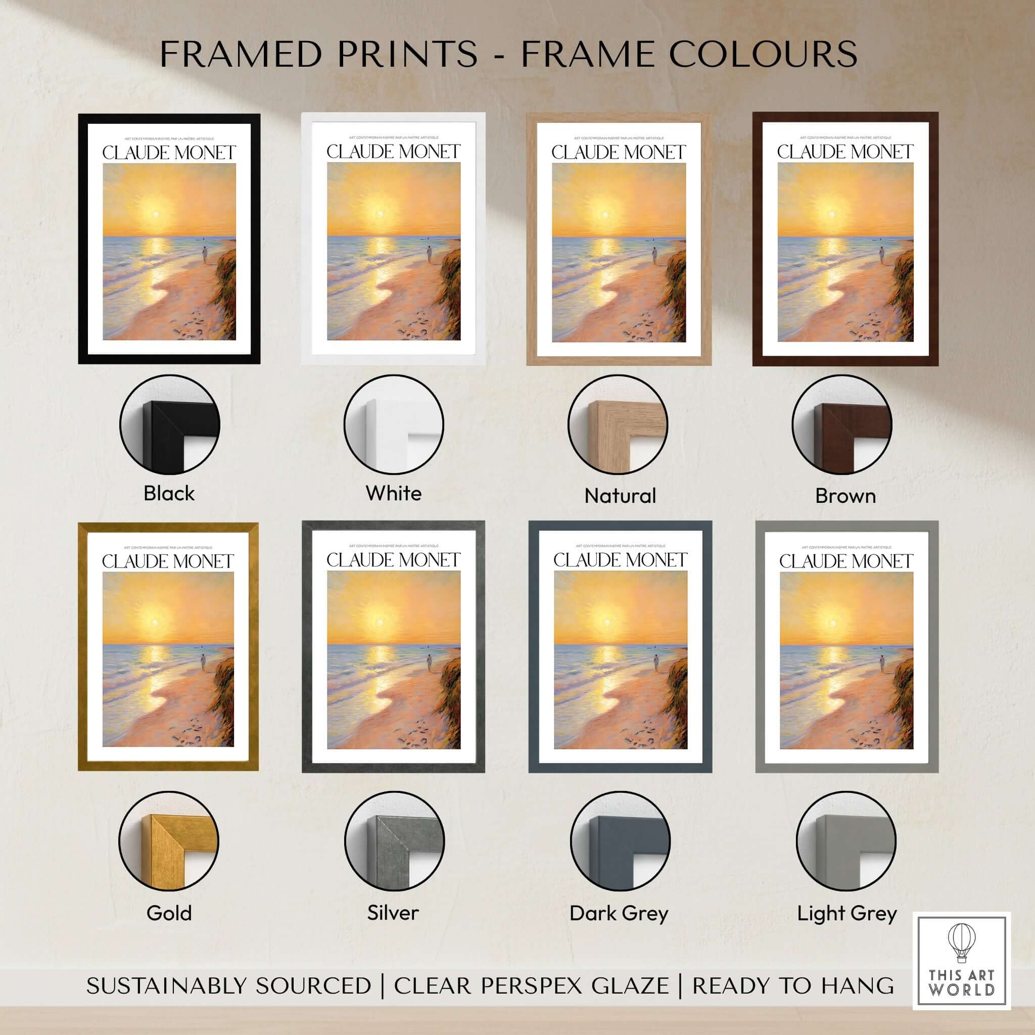Framed prints in various colors showcasing Claude Monet's beach artwork with the title 'Monet Beach Artwork - Impressionist Room Decor - Coastal Sunset Stroll Beach Wall Art'.