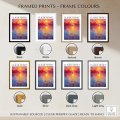 Framed prints showcasing colour options for Claude Monet Vibrant Sunset Water Lilies Wall Art - Lake Reflection Print.