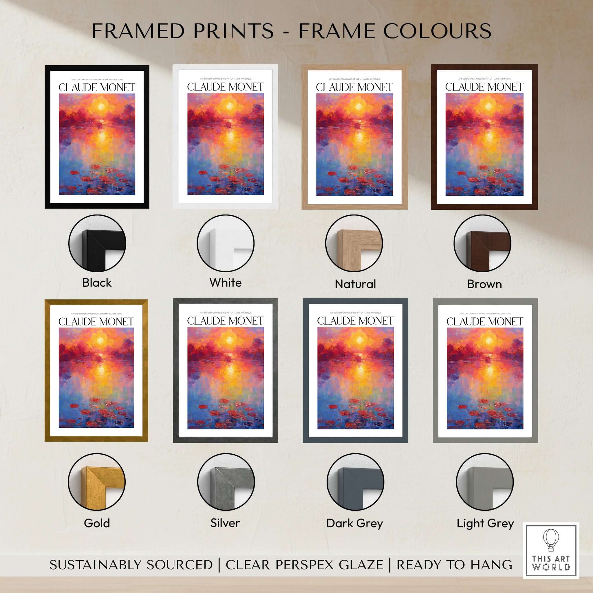 Framed prints showcasing colour options for Claude Monet Vibrant Sunset Water Lilies Wall Art - Lake Reflection Print.