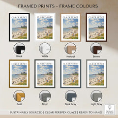 Framed prints showcasing Claude Monet Sunny Beach Day Wall Art in various frame colors including black, white, natural, and more.