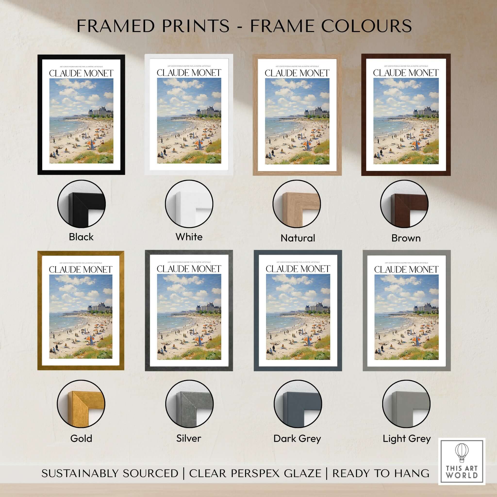 Framed prints showcasing Claude Monet Sunny Beach Day Wall Art in various frame colors including black, white, natural, and more.