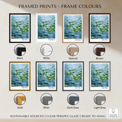 Framed prints of Claude Monet Print - Calm Lily Pads on Blue Water Wall Art in various frame colors including black, white, gold, and more.