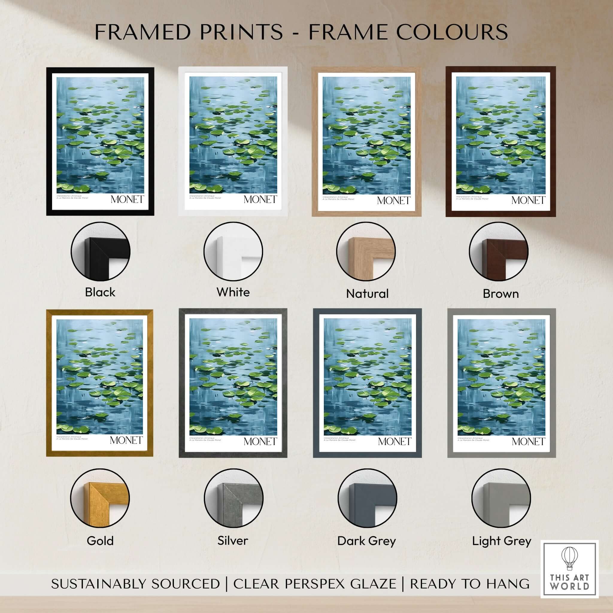 Framed prints of Claude Monet Print - Calm Lily Pads on Blue Water Wall Art in various frame colors including black, white, gold, and more.