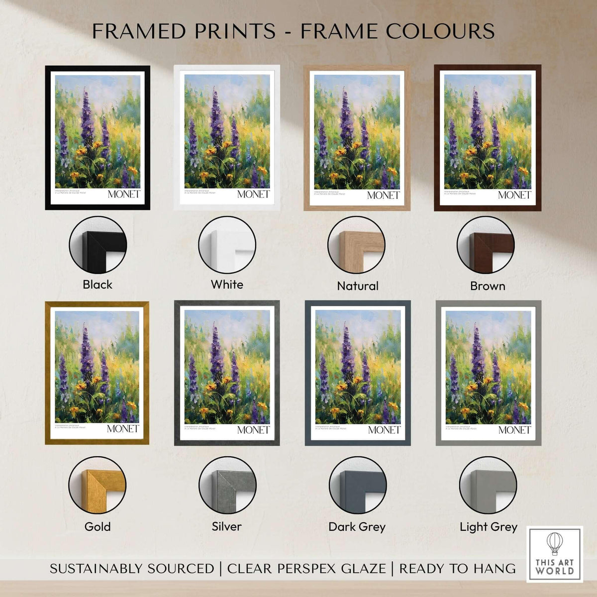 Framed Claude Monet Art Print - Wildflower Meadow Purple Floral Print in various frame colors including black, white, gold, and more.