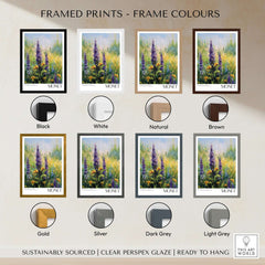Framed Claude Monet Art Print - Wildflower Meadow Purple Floral Print in various frame colors including black, white, gold, and more.